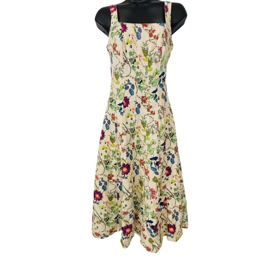 Christian Lacroix Floral Linen Multi A Line MIDI Sleeveless Dress